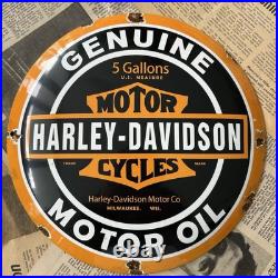 Vintage Harley Davidson Genuine Motor Oil 12 Inch Convex Porcelain Enamel Sign