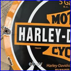 Vintage Harley Davidson Genuine Motor Oil 12 Inch Convex Porcelain Enamel Sign