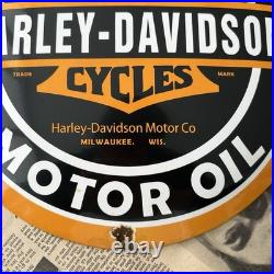 Vintage Harley Davidson Genuine Motor Oil 12 Inch Convex Porcelain Enamel Sign