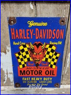 Vintage Harley Davidson Porcelain Sign Old Red Devil Motorcycle Biker Motor Oil Vintage Harley Davidson Porcelain Sign Old Red Devil Motorcycle Biker Motor Oil
