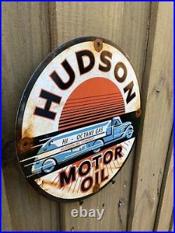 Vintage Hudson Motor Oil Porcelain 12 Gas & Oil Sign Octane Pump Plate Station