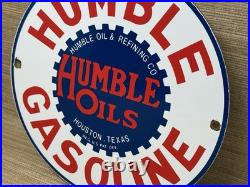 Vintage Humble Gasoline Porcelain Sign Motor Oil Gas Station Pump Plate Service