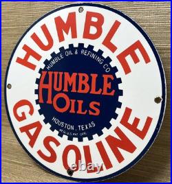 Vintage Humble Gasoline Porcelain Sign Motor Oil Gas Station Pump Plate Texas