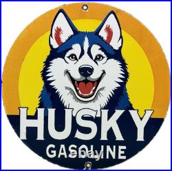 Vintage Husky Gasoline Porcelain Sign K-9 Gas Station Pump Plate Motor Oil Dog