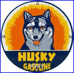 Vintage Husky Gasoline Porcelain Sign K-9 Gas Station Pump Plate Motor Oil Dog