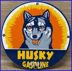 Vintage Husky Gasoline Porcelain Sign K-9 Gas Station Pump Plate Motor Oil Dog