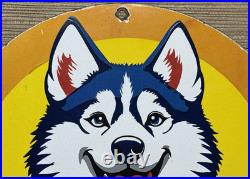 Vintage Husky Gasoline Porcelain Sign K-9 Gas Station Pump Plate Motor Oil Dog