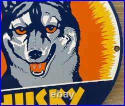 Vintage Husky Gasoline Porcelain Sign K-9 Gas Station Pump Plate Motor Oil Dog