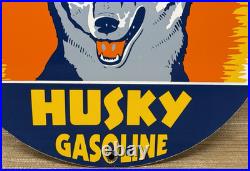 Vintage Husky Gasoline Porcelain Sign K-9 Gas Station Pump Plate Motor Oil Dog