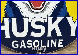 Vintage Husky Gasoline Porcelain Sign K-9 Gas Station Pump Plate Motor Oil Dog