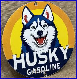 Vintage Husky Gasoline Porcelain Sign K-9 Gas Station Pump Plate Motor Oil Dog