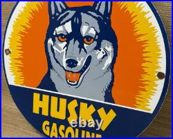 Vintage Husky Gasoline Porcelain Sign K-9 Gas Station Pump Plate Motor Oil Dog