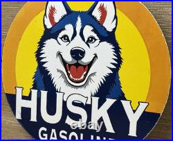 Vintage Husky Gasoline Porcelain Sign K-9 Gas Station Pump Plate Motor Oil Dog