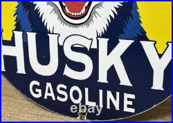 Vintage Husky Gasoline Porcelain Sign K-9 Gas Station Pump Plate Motor Oil Dog