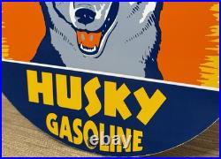Vintage Husky Gasoline Porcelain Sign K-9 Gas Station Pump Plate Motor Oil Dog