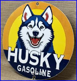 Vintage Husky Gasoline Porcelain Sign K-9 Gas Station Pump Plate Motor Oil Dog