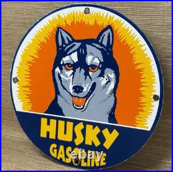 Vintage Husky Gasoline Porcelain Sign K-9 Gas Station Pump Plate Motor Oil Dog