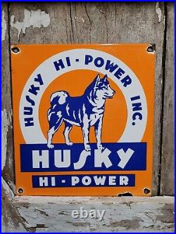 Vintage Husky Porcelain Sign Hi-power Motor Oil Gas Station Service Garage Lube