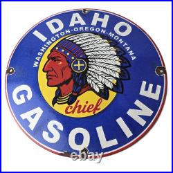 Vintage Idaho Gasoline Sign Indian Chief Gas Motor Oil Pump Porcelain Sign