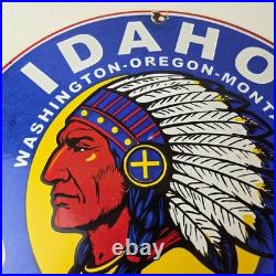 Vintage Idaho Gasoline Sign Indian Chief Gas Motor Oil Pump Porcelain Sign