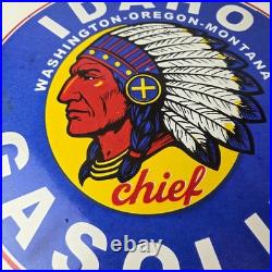 Vintage Idaho Gasoline Sign Indian Chief Gas Motor Oil Pump Porcelain Sign