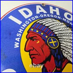 Vintage Idaho Gasoline Sign Indian Chief Gas Motor Oil Pump Porcelain Sign