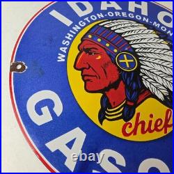 Vintage Idaho Gasoline Sign Indian Chief Gas Motor Oil Pump Porcelain Sign