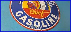 Vintage Idaho Gasoline Sign Indian Chief Gas Motor Oil Pump Porcelain Sign