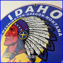 Vintage Idaho Gasoline Sign Indian Chief Gas Motor Oil Pump Porcelain Sign