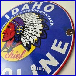Vintage Idaho Gasoline Sign Indian Chief Gas Motor Oil Pump Porcelain Sign