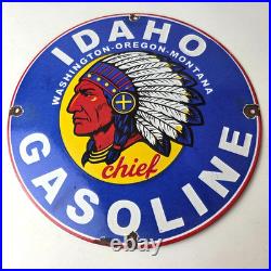 Vintage Idaho Gasoline Sign Indian Chief Gas Motor Oil Pump Porcelain Sign