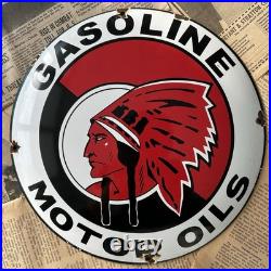 Vintage Indian Gasoline Motor Oils 12 Inch Convex Porcelain Enamel Sign