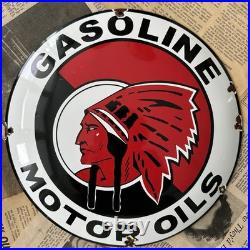 Vintage Indian Gasoline Motor Oils 12 Inch Convex Porcelain Enamel Sign