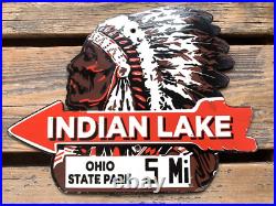 Vintage Indian Lake Chief Motor Oil Sales & Service Gasoline Pump Porcelain Sign