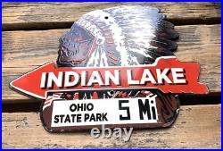 Vintage Indian Lake Chief Motor Oil Sales & Service Gasoline Pump Porcelain Sign