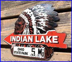 Vintage Indian Lake Chief Motor Oil Sales & Service Gasoline Pump Porcelain Sign