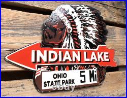 Vintage Indian Lake Chief Motor Oil Sales & Service Gasoline Pump Porcelain Sign