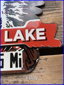Vintage Indian Lake Chief Motor Oil Sales & Service Gasoline Pump Porcelain Sign