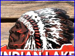 Vintage Indian Lake Chief Motor Oil Sales & Service Gasoline Pump Porcelain Sign