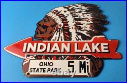 Vintage Indian Lake Sign State Park, Gas Motor Oil Pump Porcelain Indian Sign