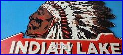 Vintage Indian Lake Sign State Park, Gas Motor Oil Pump Porcelain Indian Sign