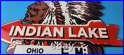 Vintage Indian Lake Sign State Park, Gas Motor Oil Pump Porcelain Indian Sign