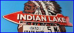 Vintage Indian Lake Sign State Park, Gas Motor Oil Pump Porcelain Indian Sign