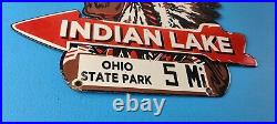 Vintage Indian Lake Sign State Park, Gas Motor Oil Pump Porcelain Indian Sign