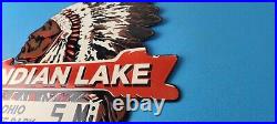 Vintage Indian Lake Sign State Park, Gas Motor Oil Pump Porcelain Indian Sign