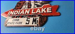 Vintage Indian Lake Sign State Park, Gas Motor Oil Pump Porcelain Indian Sign