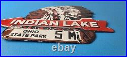 Vintage Indian Lake Sign State Park, Gas Motor Oil Pump Porcelain Indian Sign