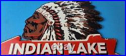 Vintage Indian Lake Sign State Park, Gas Motor Oil Pump Porcelain Indian Sign