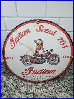Vintage Indian Motorcycles Porcelain Sign Scout 101 Dealer Sales Motor Oil & Gas