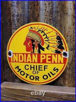 Vintage Indian Penn Porcelain Sign Gas Advertising Chief Of Motor Oil Pump Plate